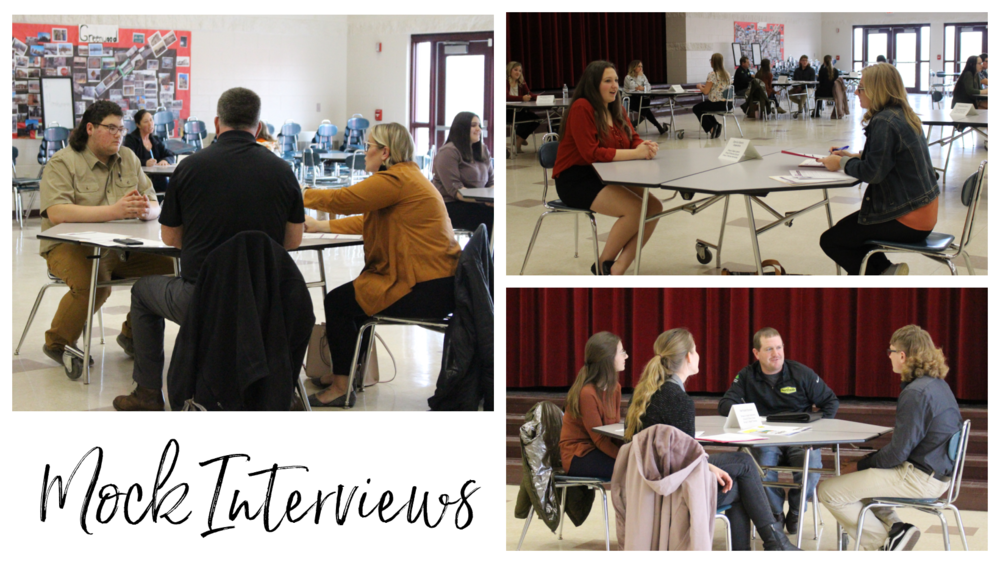 Students interviewing with adults around tables