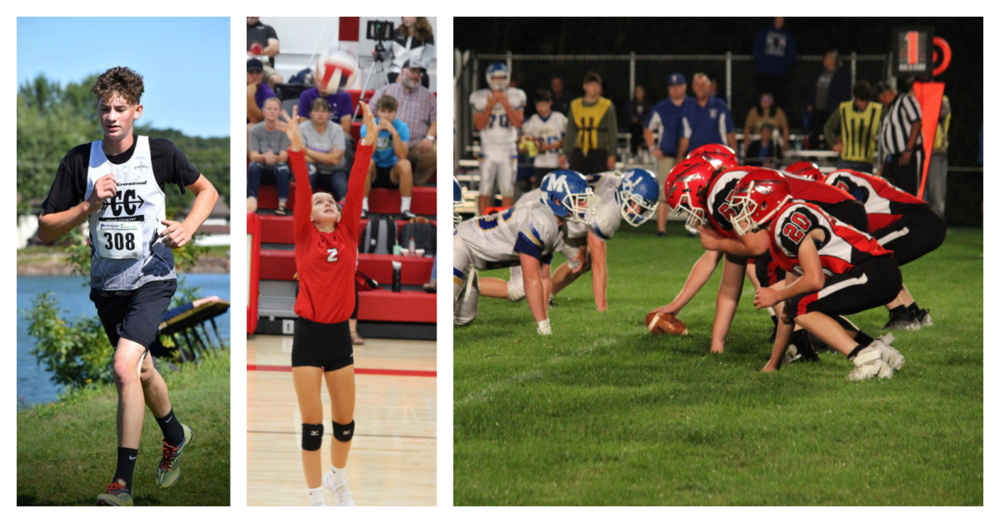 cross country runner, volleyball player spiking, football at the line