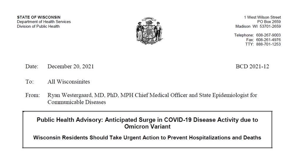 top of public health advisory notice regarding omnicron