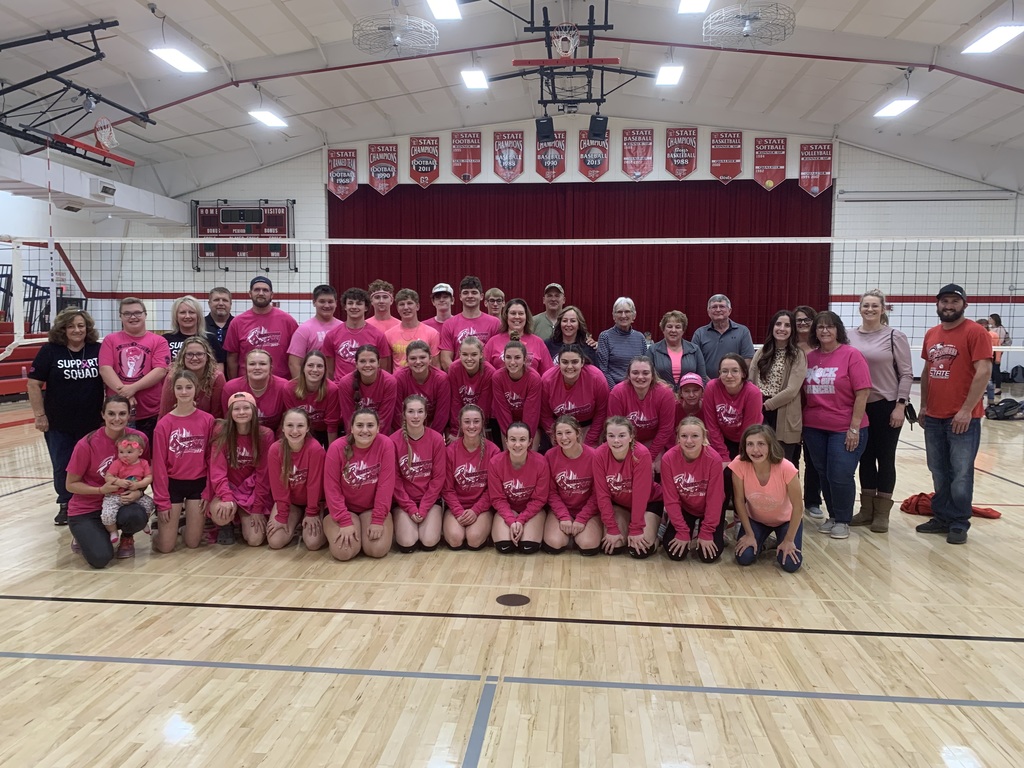 volleyball players and community members in dig pink shirts